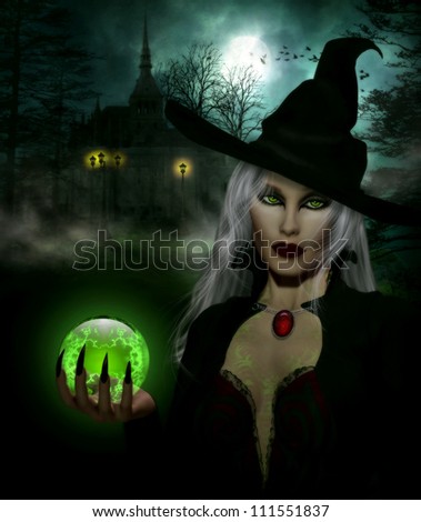 3D illustration of a beautiful female witch with long white hair holding a glowing green sphere wearing a black witches gown and hat.  Old building, moon and mist in the background.