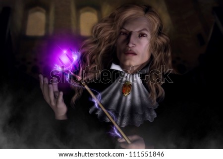 3D illustration of a handsome evil male vampire character dressed in Victorian clothing with long wavy blond hair and holding a magical wand.