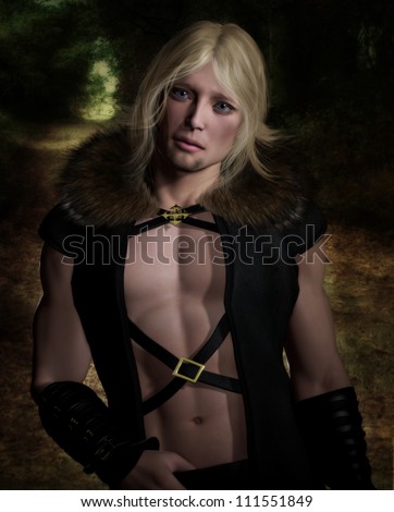 3d illustration of a sexy male woodland warrior wearing a black leather fur trimmed vest and black leather straps.  He has long blonde hair and blue eyes. The background is a wooded forest.