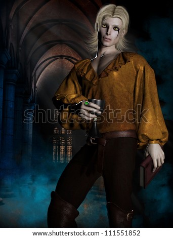 3d illustration of a handsome male vampire wearing a poets shirt made of gold and dark maroon pants with knee boots.  Long blonde hair and dark evil eyes standing in a castle hall.