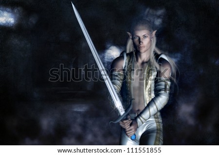 3D illustration of a male elven character with long blond hair holding a large sword and dressed in a warriors outfit with elven design.  The background is old ruins and mist.