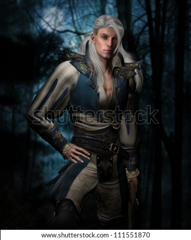 3d illustration of a handsome male with long white hair and blue eyes wearing a medieval swordsman\'s outfit with tall boots and holding a flintlock pistol.  The background is a dark forest.