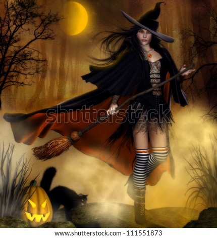 3d illustration of a female witch wearing a black dress and black cloak and witches hat holding a broomstick.  Forest background with mist, a pumpkin and a black cat and spooky trees.