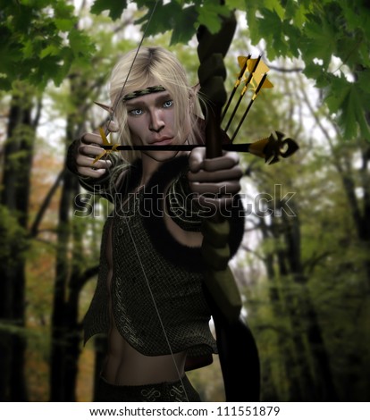 3d illustration of a woodland male elf archer aiming an arrow ready to be released.  Set in a forest background.