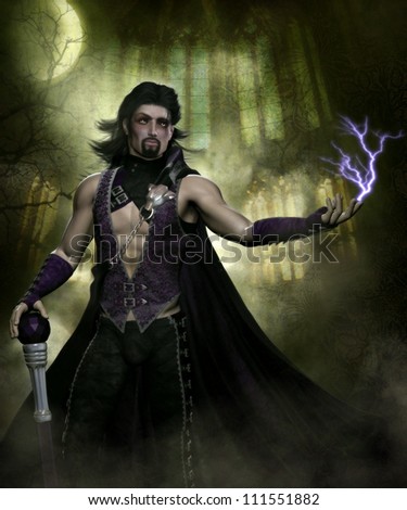 3D illustration of a sexy male vampire wearing a dark purple pants, purple cloak that has a silver wolf head clasp.  He has long black hair and a close beard and is holding a purple jeweled cane.