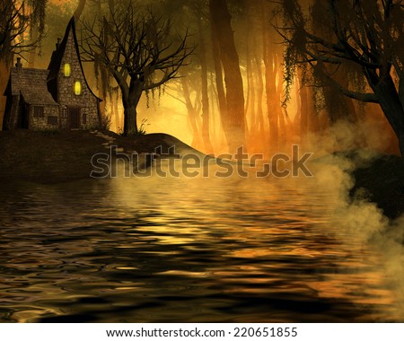 3D illustration of a little crooked house with a stream in front surrounded by a forest with moss in the tree\'s and orange sunlight streaming through.