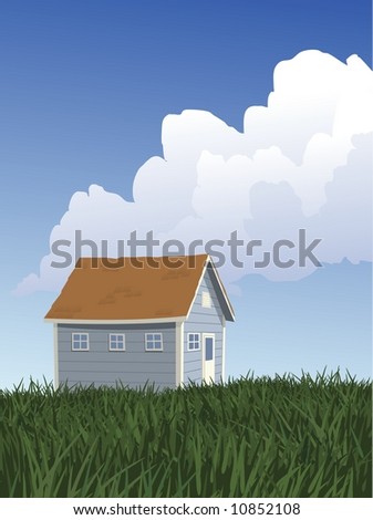 Illustration of a small home located in a grass field. White puffy clouds float overhead in a blue sky.