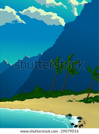 An island landscape showing a beach with distant mountains.