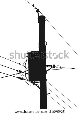 Silhouette of am electrical or utility pole with transformer, wires and insulators.