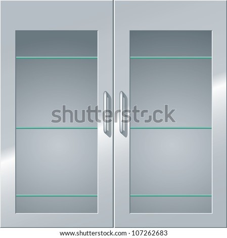 Front view of a metal cabinet with glass doors and shelves.