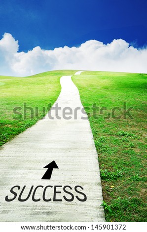 Way to success. Abstract background with road on green field and blue sky.