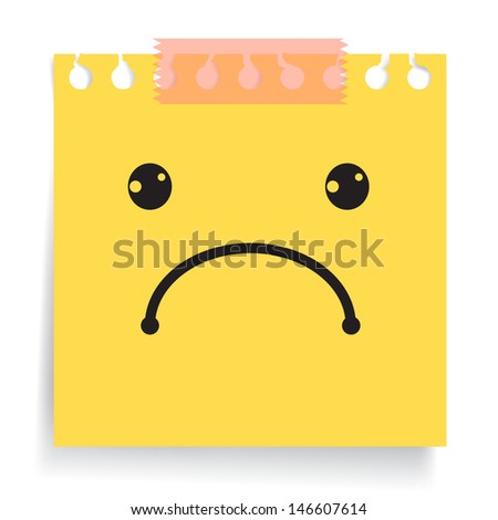 Unhappy emotion face on yellow paper note. Vector illustration.