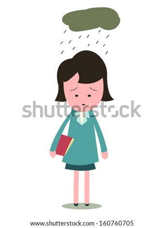 Sad and upset businesswoman, standing alone in desperated emotion with cloud and rain. This character can be used presenting to people who are lonely, depressed, failed, lost job, or broken heart.