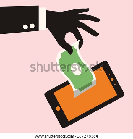 Businessman hand pick up money from smartphone\'s screen. Business concept on making money from social network or technology.