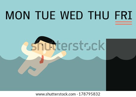 Businessman swimming in the water inspire to reach the river bank, metaphor to business people working hard through weekdays from Monday until the end on Friday.