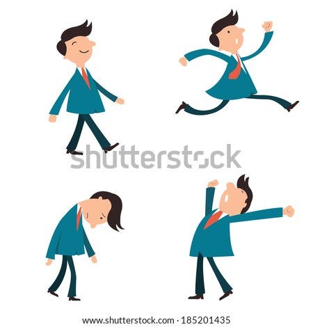 Set of character businessman, suit man, or office workers pose in various emotion, yawning, happy, walking, running in a hurry, and in sad feeling.