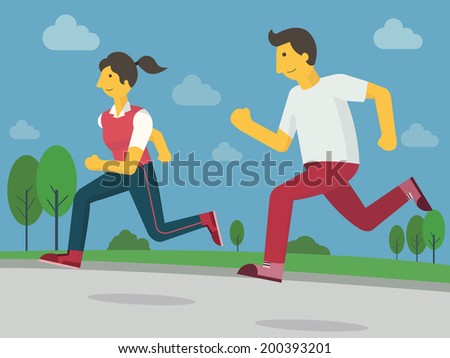 Young fitness man and woman jogging on street among green environment, healthy, relaxation and fitness lifestyle concept. Cartoon vector illustration.