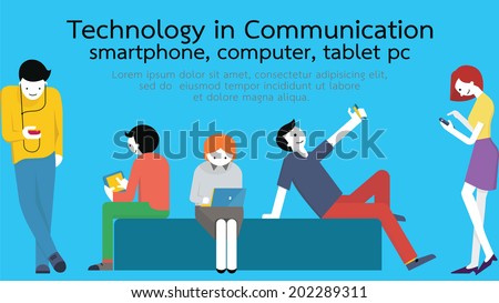 Young people, man and woman, using technology gadget, smartphone, mobile phone, tablet pc, laptop computer in communication concept. Flat design with copyspace.