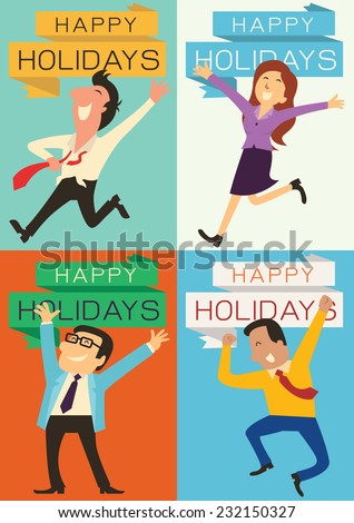 Set of business people, man, woman, and boss, raising hands with happy emotion for having and celebrate holidays. Each piece is in the ratio of A4 paper size.