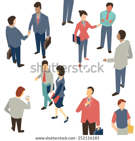 Character of Business people in communication concept, shaking hands, corporation, discussion. Multi-ethnic people and various activities.