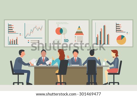 Businesspeople, man and woman, talking, discussing in meeting room. With chart and graph statistics background. Diverse, multi-ethnic, flat design.