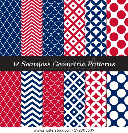 Patriotic Red, White & Blue Retro Geometric Seamless Patterns. July 4th Backgrounds in Jumbo Polka Dot, Diamond Lattice, Scallops, Quatrefoil and Mod Chevron. Pattern Swatches made with Global Colors.