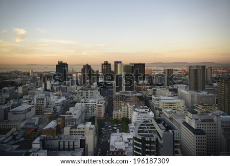 Landscape view of Cape Town's Central Business District The Image was created on 23-05- 2014 from an elevated viewpoint looking to the North with Table Bay in the background Landscape view of Cape Town's Central Business District The Image was created on 23-05- 2014 from an elevated viewpoint looking to the North with Table Bay in the background