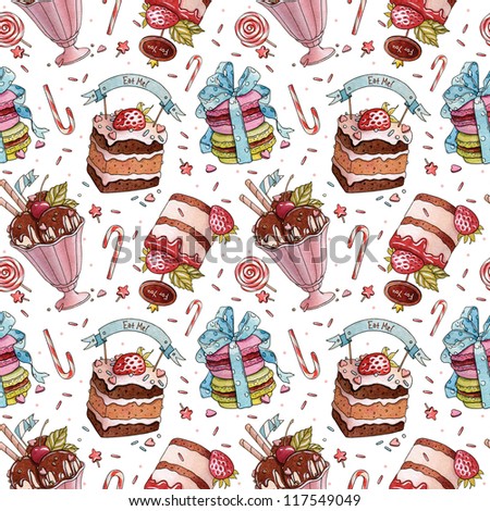 Watercolor Cakes, macaroons and ice cream. Watercolor Bakery pattern