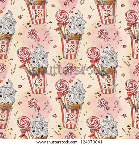 Watercolor ice cream with lollipop. Happy Valentine\'s Day pattern.