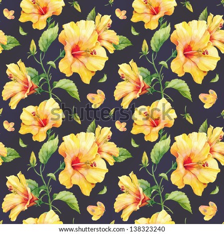 Seamless Pattern With Yellow Hibiscus Flowers. Watercolor Illustration.