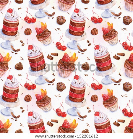 Watercolor seamless pattern with cherry cake, strawberry cupcake and chocolates.