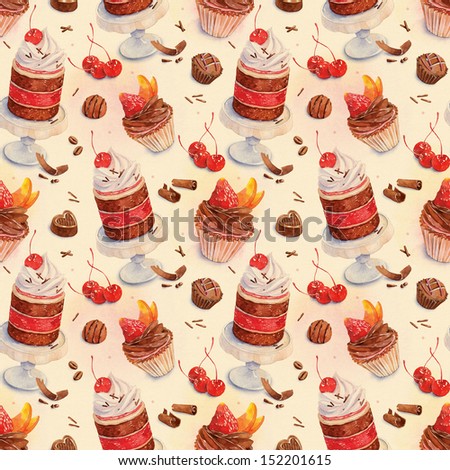 Watercolor seamless pattern with cherry cake, strawberry cupcake and chocolates.