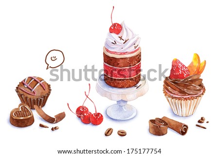 Watercolor bakery set. Cherry cake, strawberry cupcake and chocolate candy.