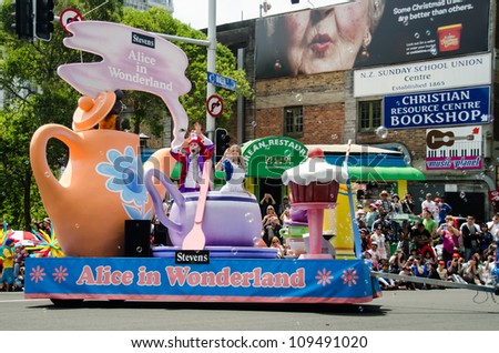 AUCKLAND, NEW ZEALAND - NOVEMBER 27 2011: Alice In Wonderland display at the annual Christmas Parade on November 27, 2011 in Auckland, New Zealand.