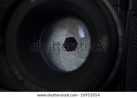 Macro shot of photographic lens. Focus on shutter