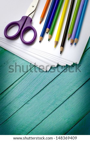 stationery for school/School and office supplies frame, on wooden background, back to school