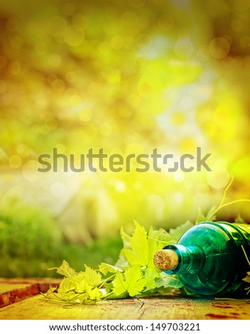 wine bottle with young vine green/ summer wine background