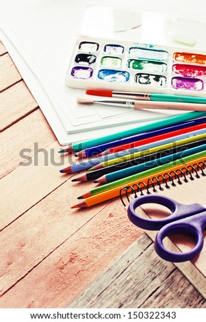 stationery for school/School and office supplies frame, on wooden background/ \