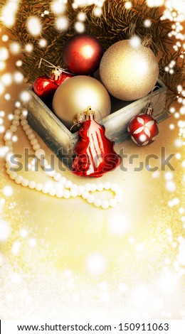 Christmas composition with Christmas decoration/ Vintage Christmas decoration with snow