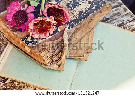 picture of a flowers lying on an antique book/ Flowers on vintage wood background with blank/romantic vintage background with dry rose and blank page