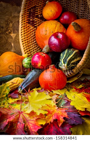 Autumn concept with seasonal fruits and vegetables/organic food background; Autumn harvest with Farmers Vegetable fruits on dark wooden background/Thanksgiving day concept