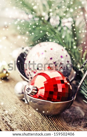 Vintage Christmas Ornament Background/Christmas composition with snow and Christmas decoration/ Composition with Brilliant  Christmas Balls