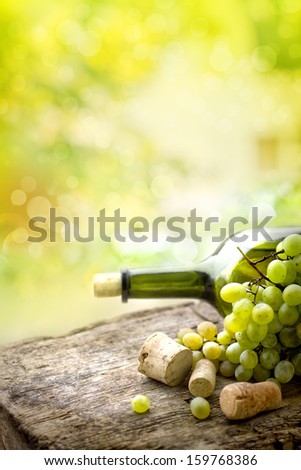 Wine Bottle , Grape And Corks On Wooden Table On Vineyard Background/ Summer Wine Background