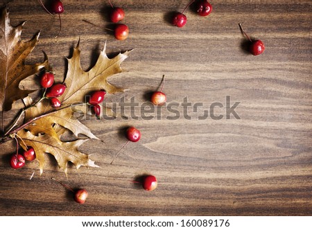 Autumn background/Autumn leaves and berry over wooden background/Thanksgiving day concept
