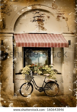 Photo in retro style. Paper texture./Aged textured photo with Italian cities