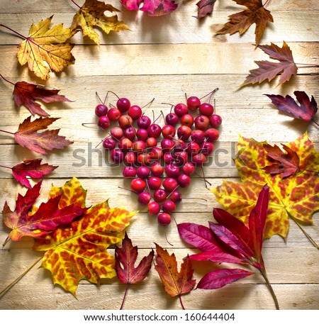 Autumn background/Autumn leaves and berry  as a heart over wooden background/Thanksgiving day concept