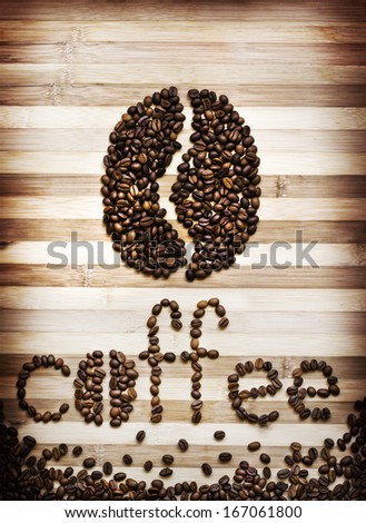 Fresh coffee beans on wooden Background / Decorative coffee background with bean of coffee and word \