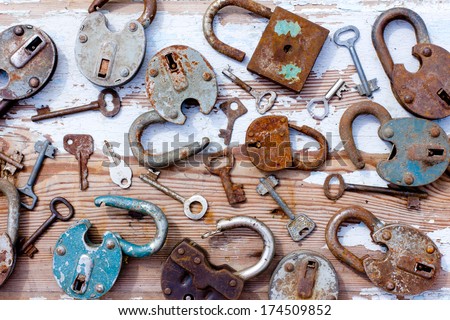 Old locks and keys on wooden plank