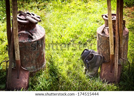Gardening tools in spring time/ rustic background with old garden tools