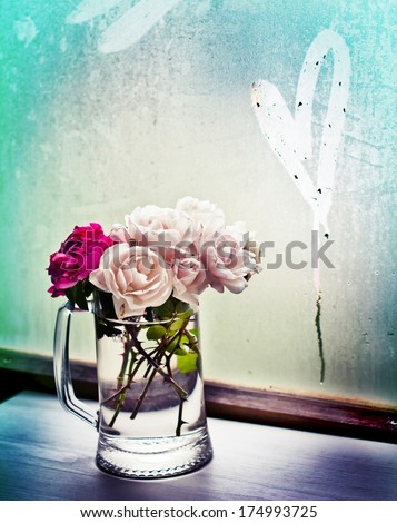 White Roses In A Glass Vase With Heart/ Valentines Day Romantic Background